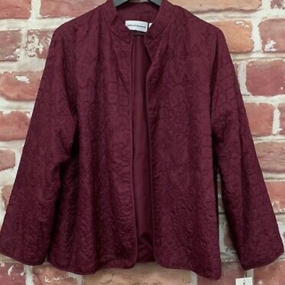 Alfred Dunner Womens Burgundy Plum Boho Floral Embroidered Shrug Jacket